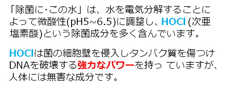 HOClは菌の細胞壁を侵入しタンパク質を傷つけDNAを破壊する強力なパワーを持っ ていますが、人体には無害な成分です。