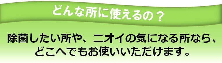 どんな所に使えるの？除菌したい所や、ニオイの気になる所なら、どこへでもお使いいただけます