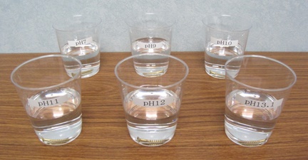 真鍮のネジを5種類の水に浸漬している写真