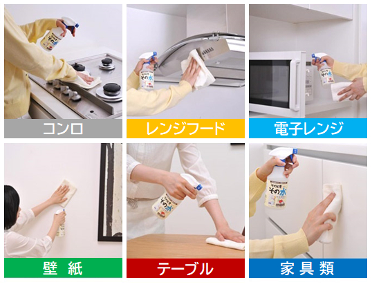 コンロ、レンジフード、電子レンジ、壁紙、テーブル、家具類を掃除している様子