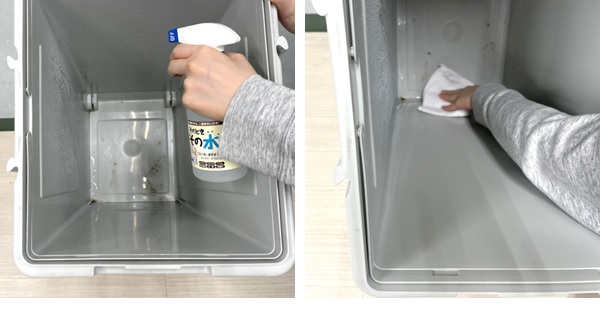 ゴミ箱の中にアルカリ電解水をスプレーして拭き取っている様子
